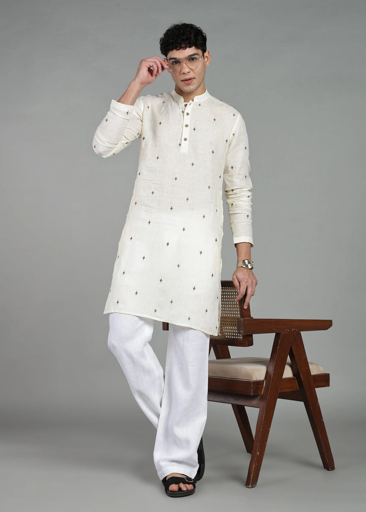 Kathir - Full Sleeve Mandarin Collar Pure Linen Embroidered Mid Kurta - Red on Creme White