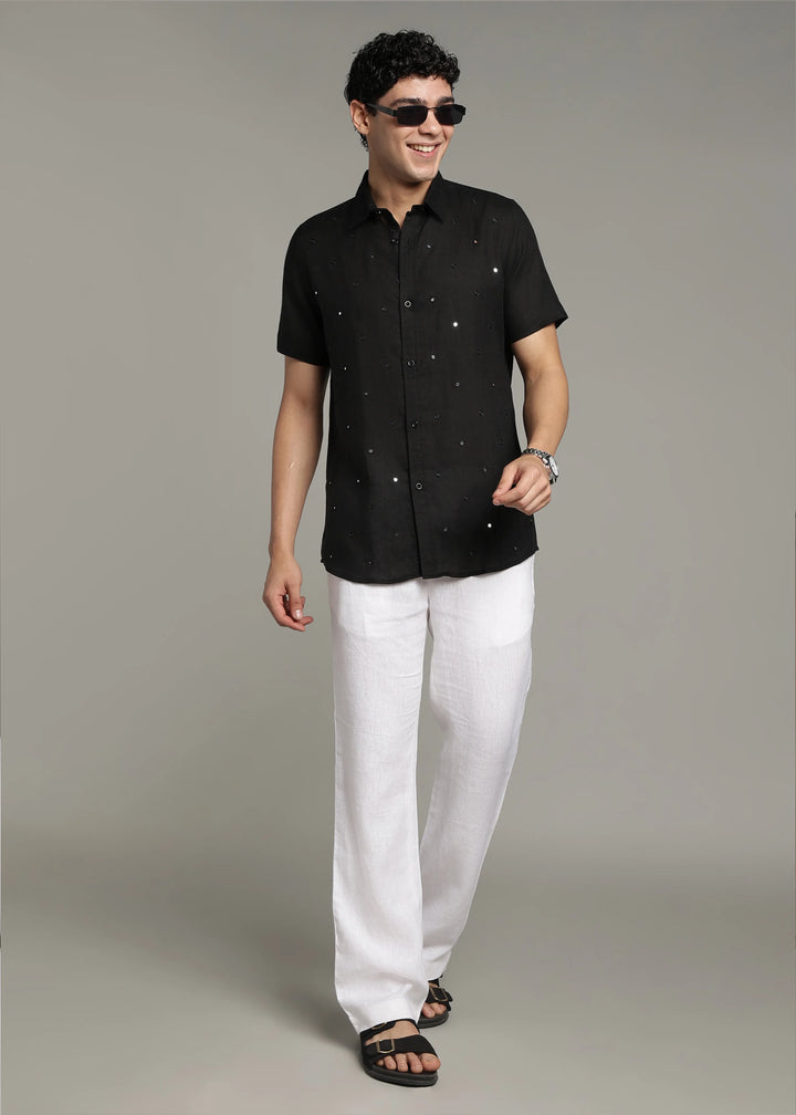 Aaina - Pure Linen Mirror Embroidered Half Sleeve Shirt - Black