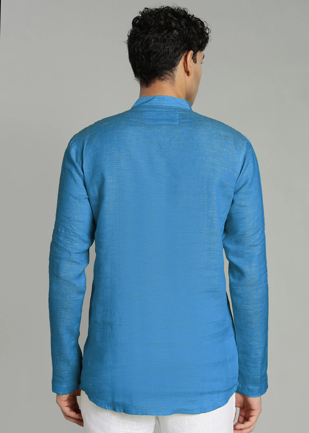 Arnav - Full Sleeve Broad-Notched Collar Pure Linen Short Kurta - Swedish Blue