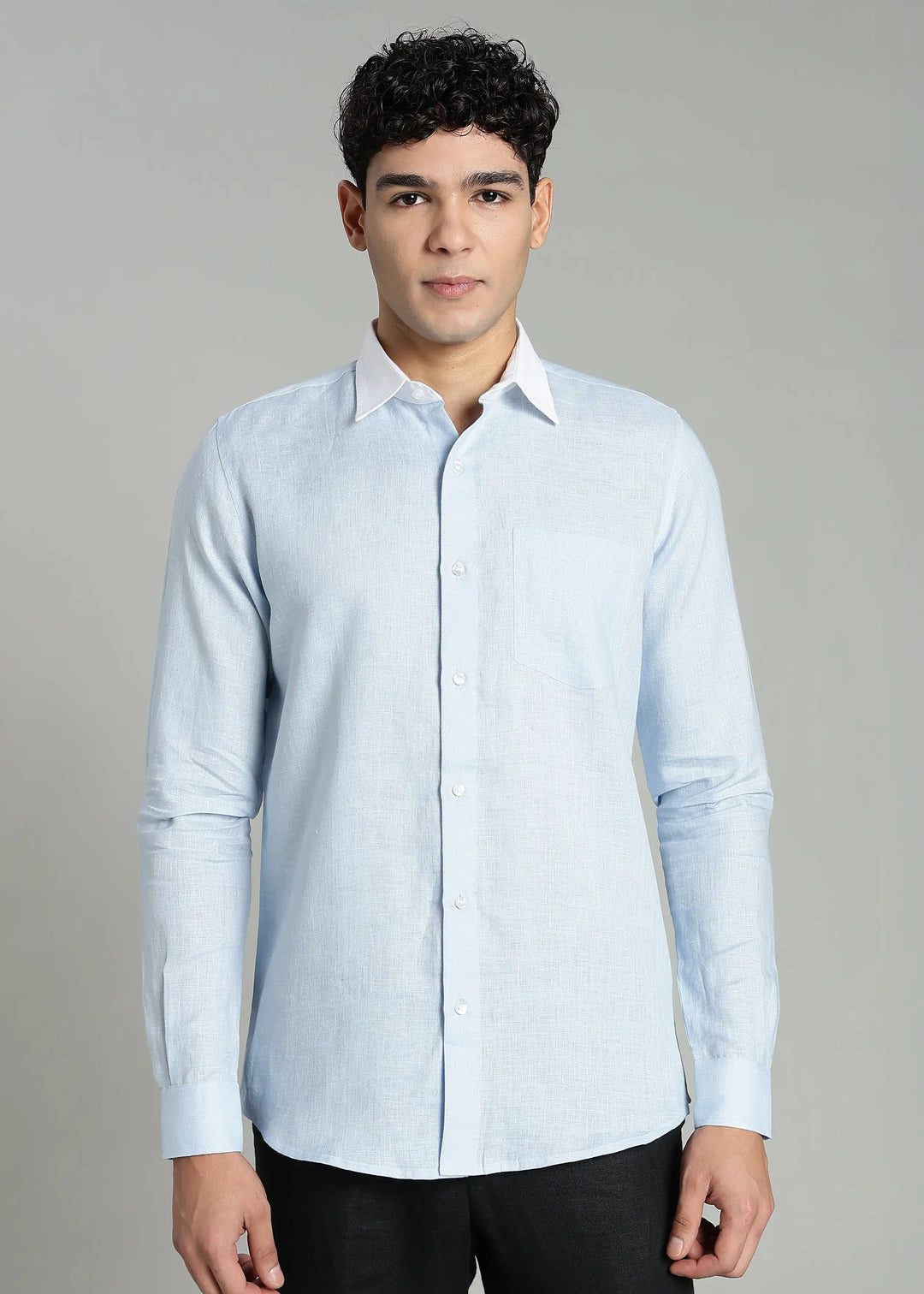 Bruce - Pure Linen Full Sleeve Contrast Regular Collar Shirt - Sky Blue