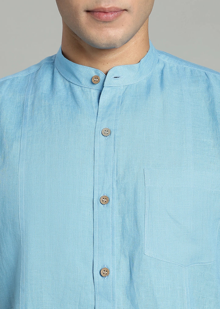 Trevor - Pure Linen Mandarin Collar Half Sleeve Shirt - Alaskan Blue