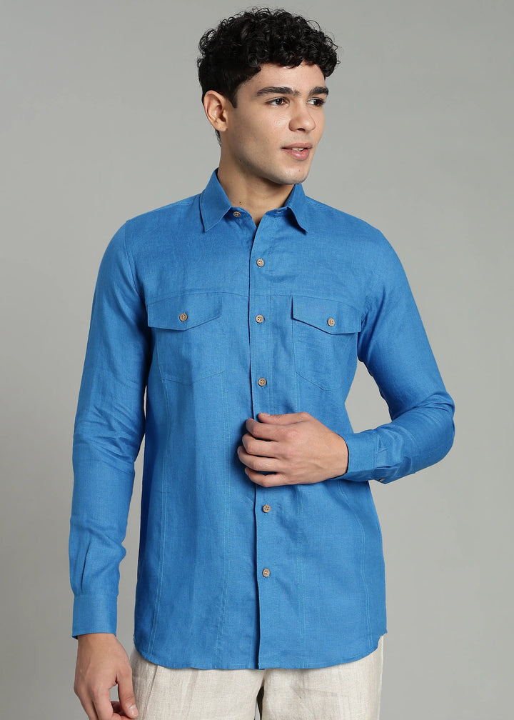 Thomas - Men's Pure Linen Double Pocket Full Sleeve Shirt - Swedish Blue