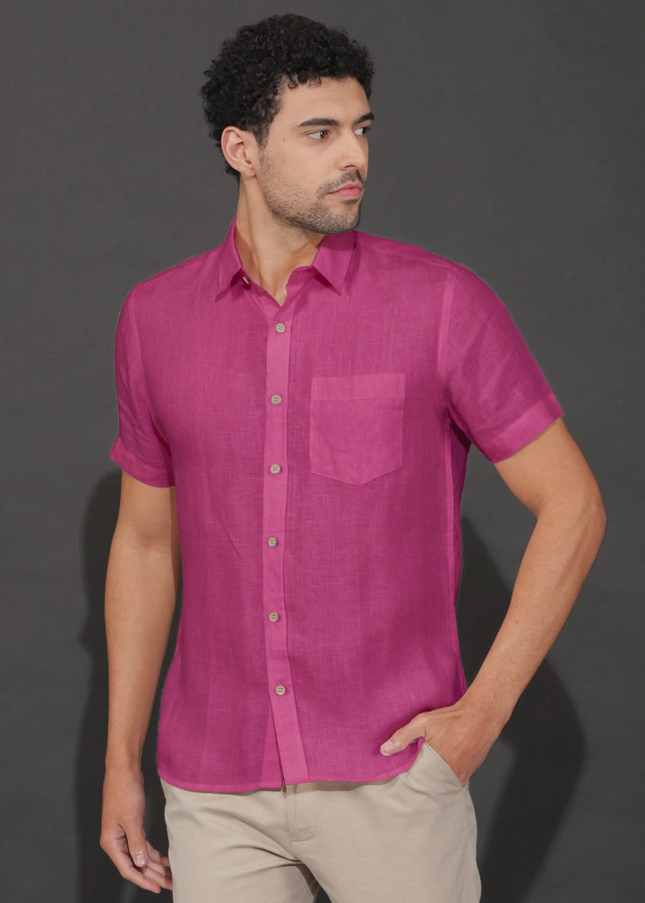 Harvey - Pure Linen Half Sleeve Shirt - Raspberry Pink