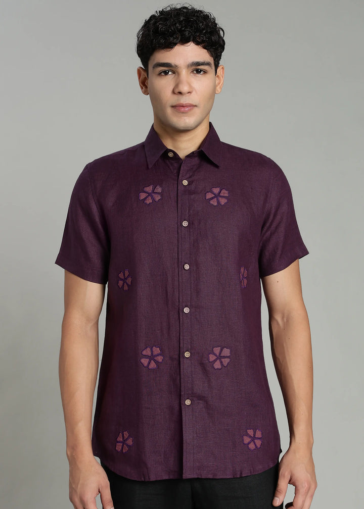 Juno - Pure Linen Appliqué Half Sleeve Shirt - Dark Purple