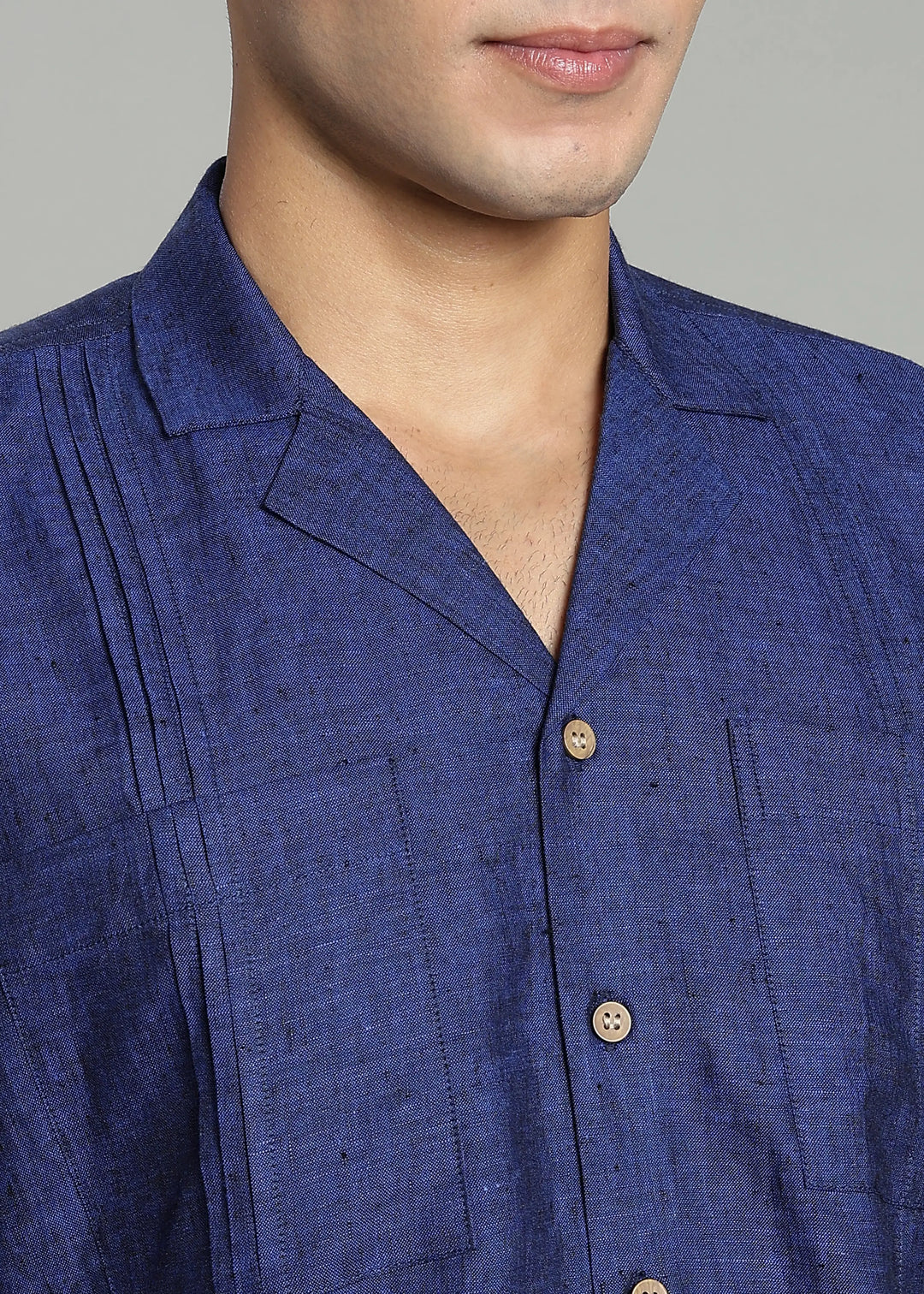 Oversized Pure Linen Cuban Collar Short Sleeve Shirt - Prussian Blue