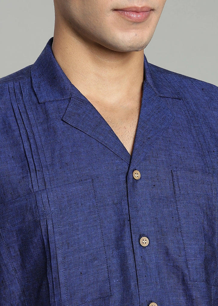 Oversized Pure Linen Cuban Collar Short Sleeve Shirt - Prussian Blue