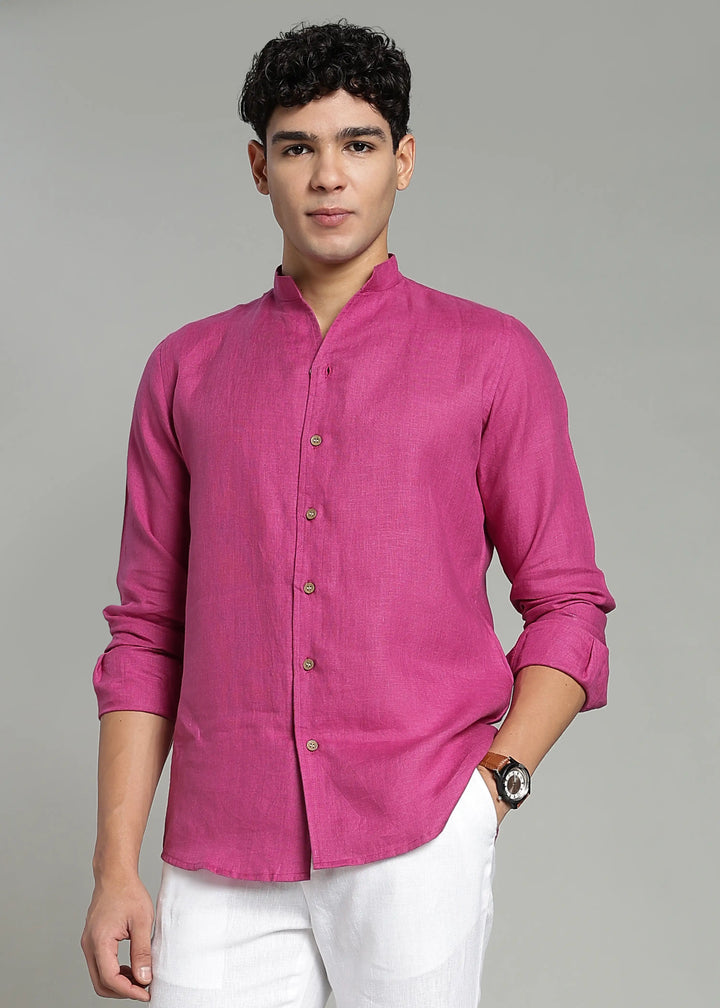 Craig - Pure Linen V Neck Full Sleeve Shirt - Raspberry Pink