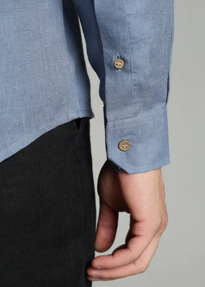 Aaron - Pure Linen Mandarin Collar Full Sleeve Shirt With Front Pocket - Blue Grey