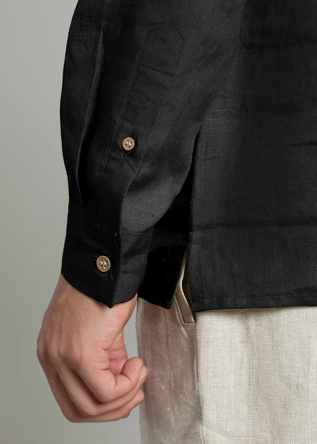 Samir - Pure Linen Full Sleeve Short Kurta Shirt with Cuff - Black