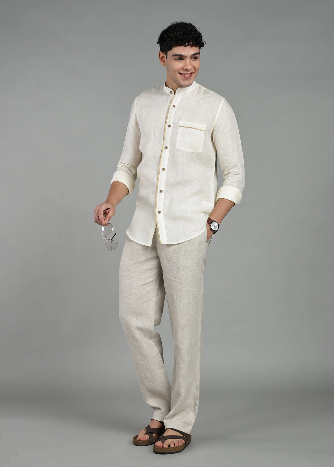 Kiran - Full Sleeve Shirt with Kasavu Inset Detail  - Creme White
