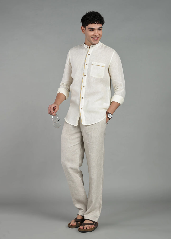 Kiran - Full Sleeve Shirt with Kasavu Inset Detail  - Creme White