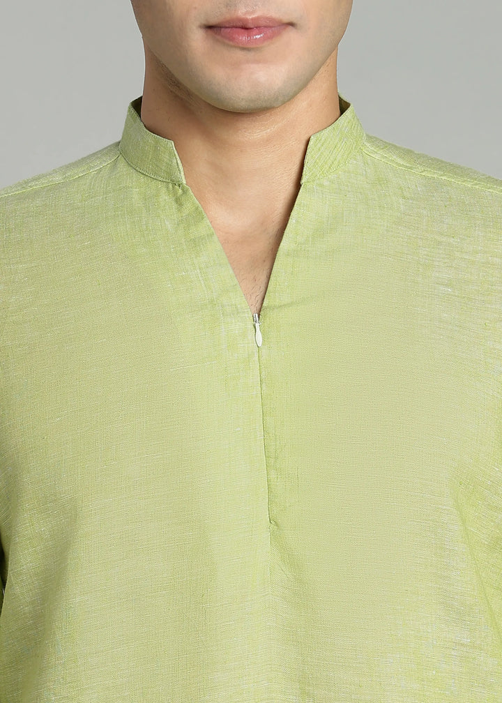Arnav - Full Sleeve Broad-Notched Collar Pure Linen Short Kurta - Light Green Chambray