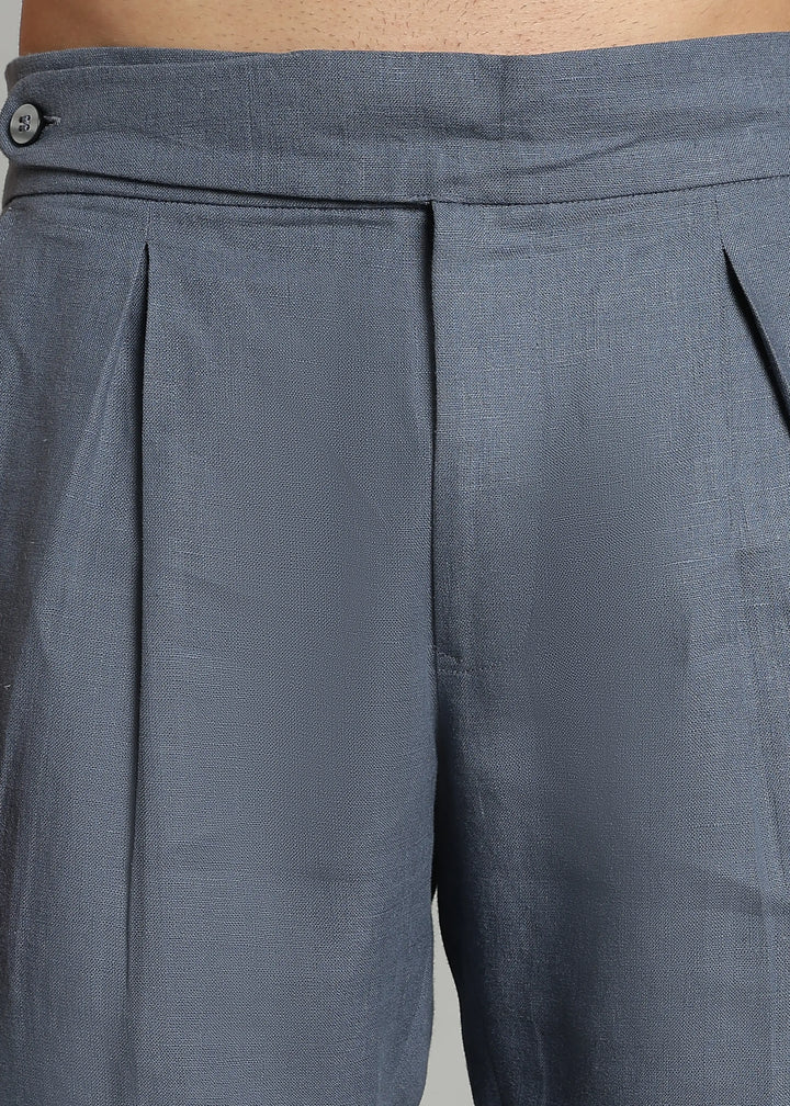 Hudson - Pure Linen Pleated Shorts With Stylized Waistband - Blue Grey