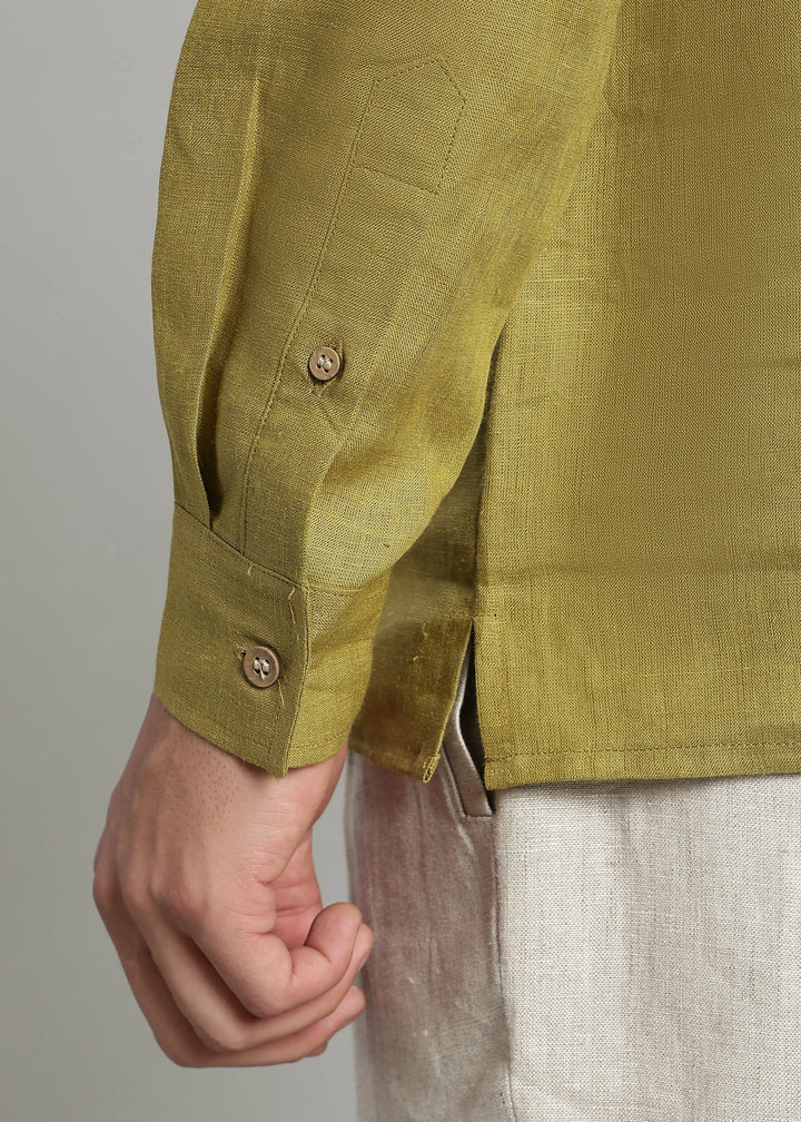 Samir - Pure Linen Full Sleeve Short Kurta Shirt with Cuff - Sap Green