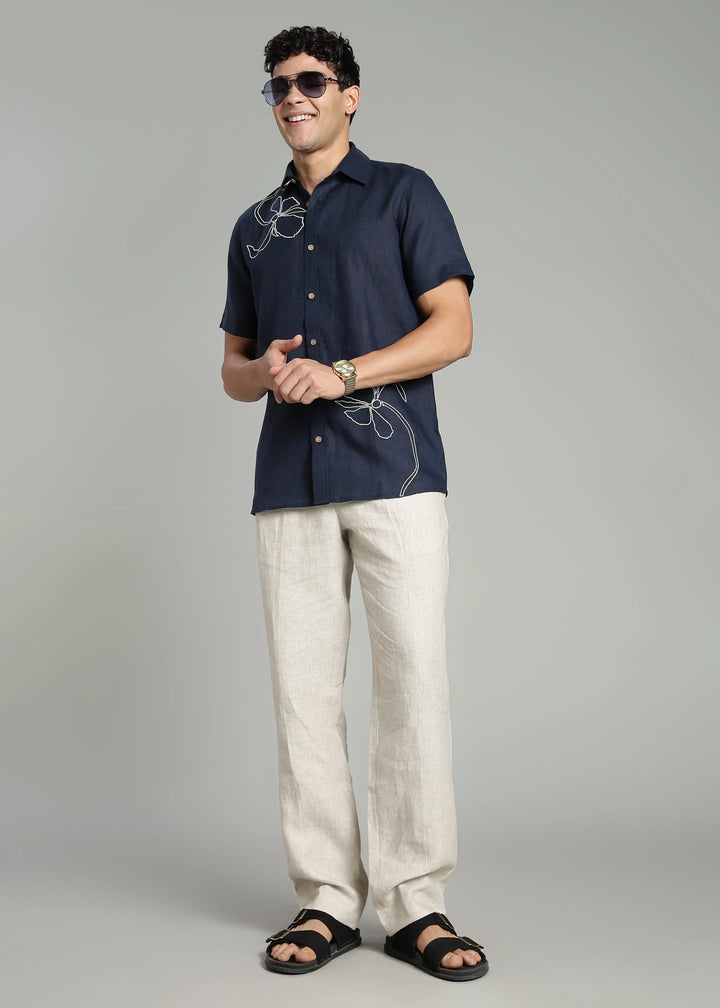 Iris - Pure Linen Appliqué Half Sleeve Shirt - Dark Blue