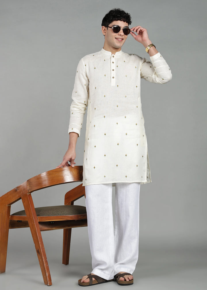 Kathir - Full Sleeve Mandarin Collar Pure Linen Embroidered Mid Kurta - Yellow on Creme White