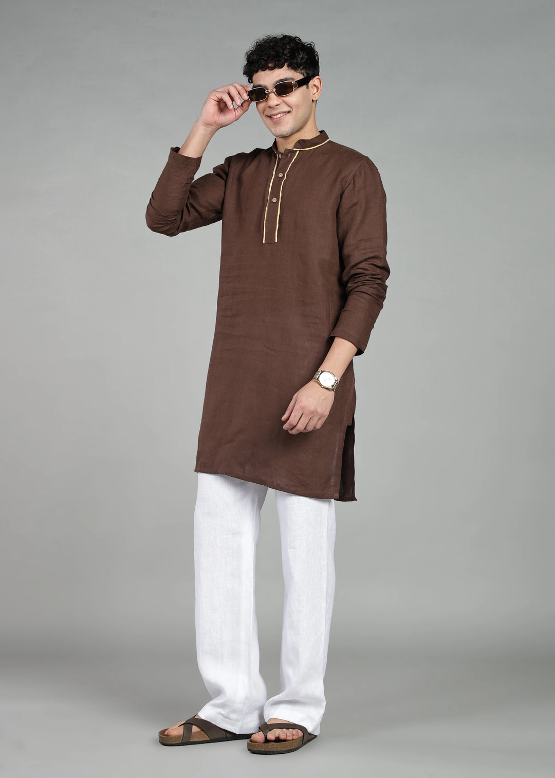 Tantu - Full Sleeve Mandarin Collar Pure Linen Mid Kurta With Kasavu Inset Detail - Coffee Brown