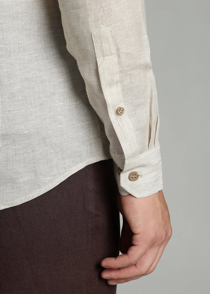 Ronan - Pure Linen Mandarin Collar Full Sleeve Shirt - Ecru