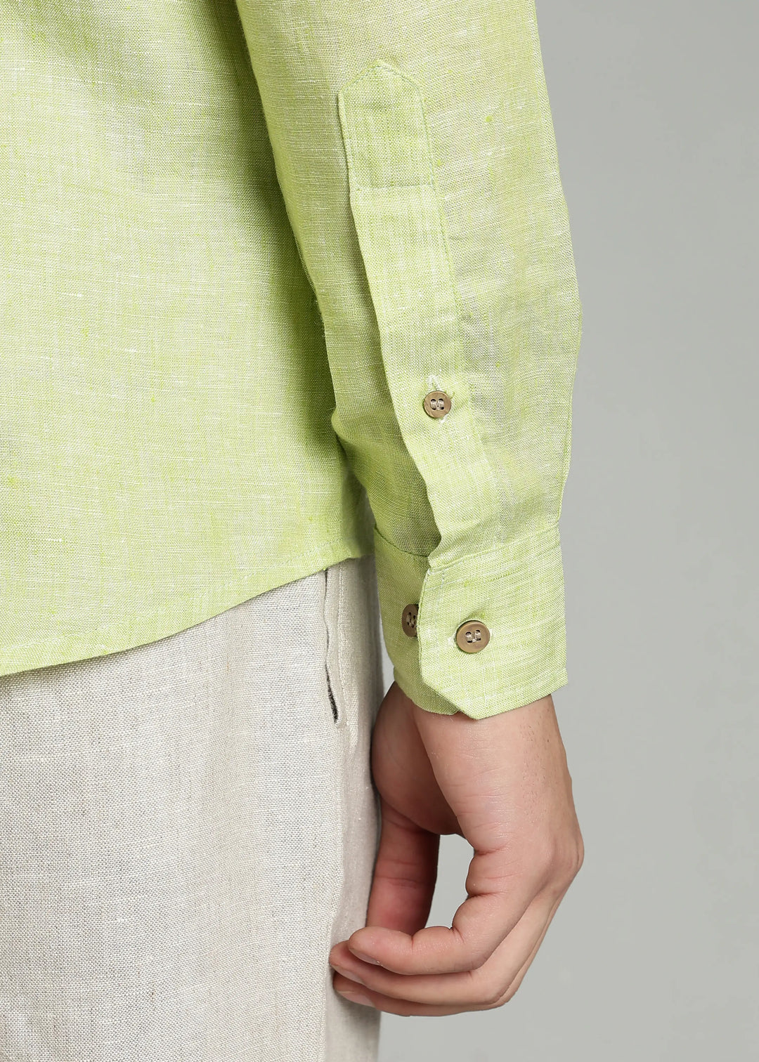 Trevor - Pure Linen Mandarin Collar Full Sleeve Shirt - Light Green Chambray