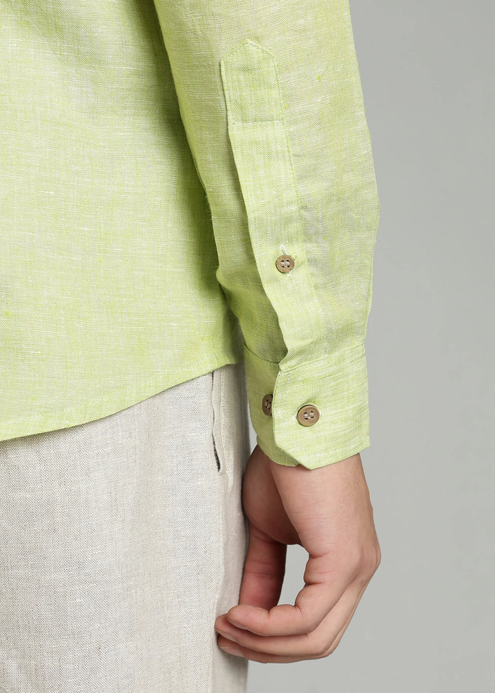 Trevor - Pure Linen Mandarin Collar Full Sleeve Shirt - Light Green Chambray