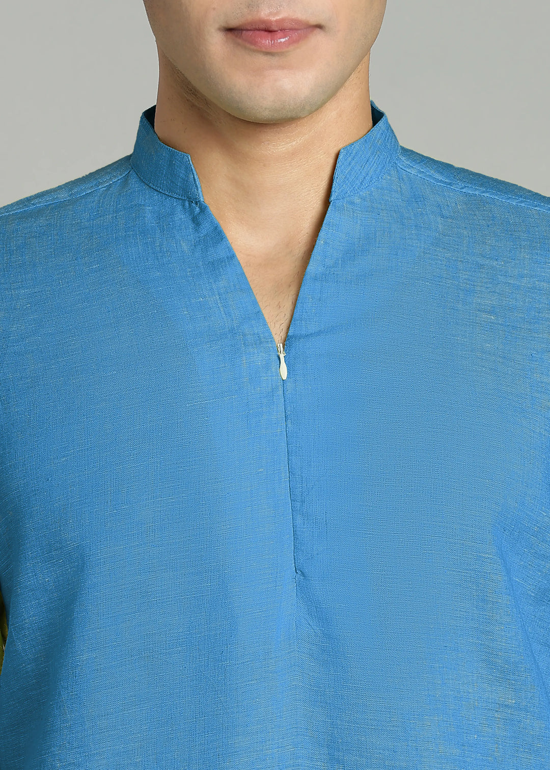 Arnav - Full Sleeve Broad-Notched Collar Pure Linen Short Kurta - Swedish Blue