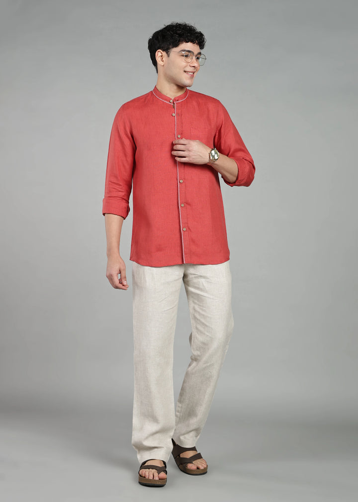 Oram - Pure Linen Full Sleeve Shirt - Terracotta Red