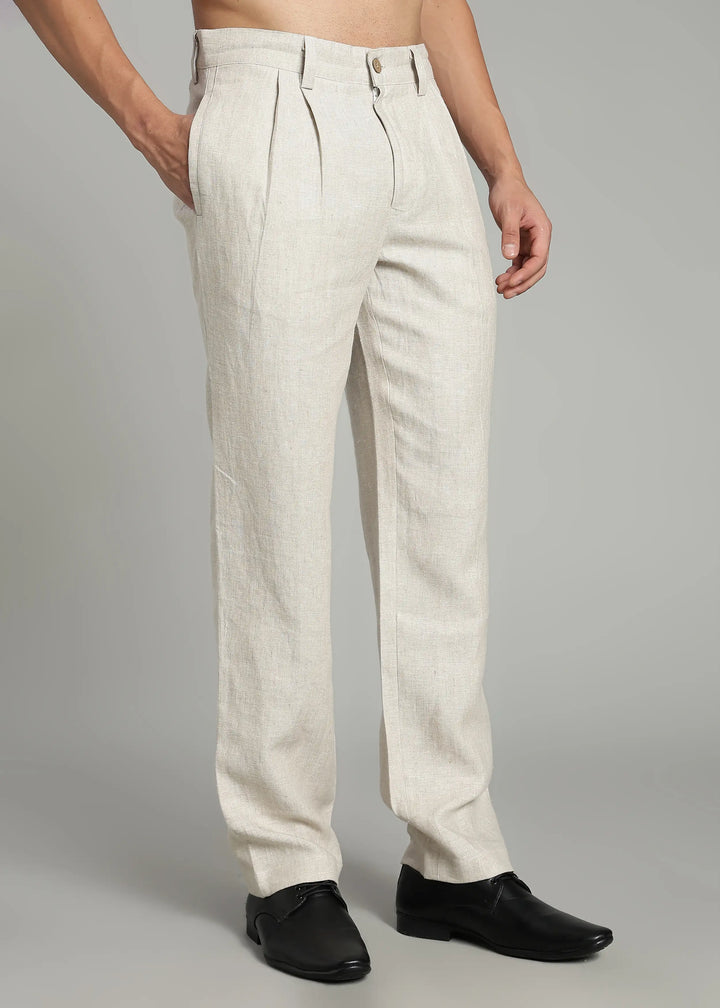 Calvin - Pure Linen Double Pleated Trousers - Ecru