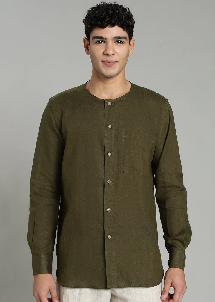 Pedro - Collarless Pure Linen Full Sleeve Shirt - Moss Green