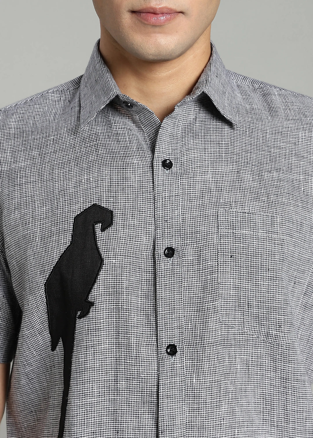 Jay - Pure Linen Appliqué Half Sleeve Shirt - Black Houndstooth