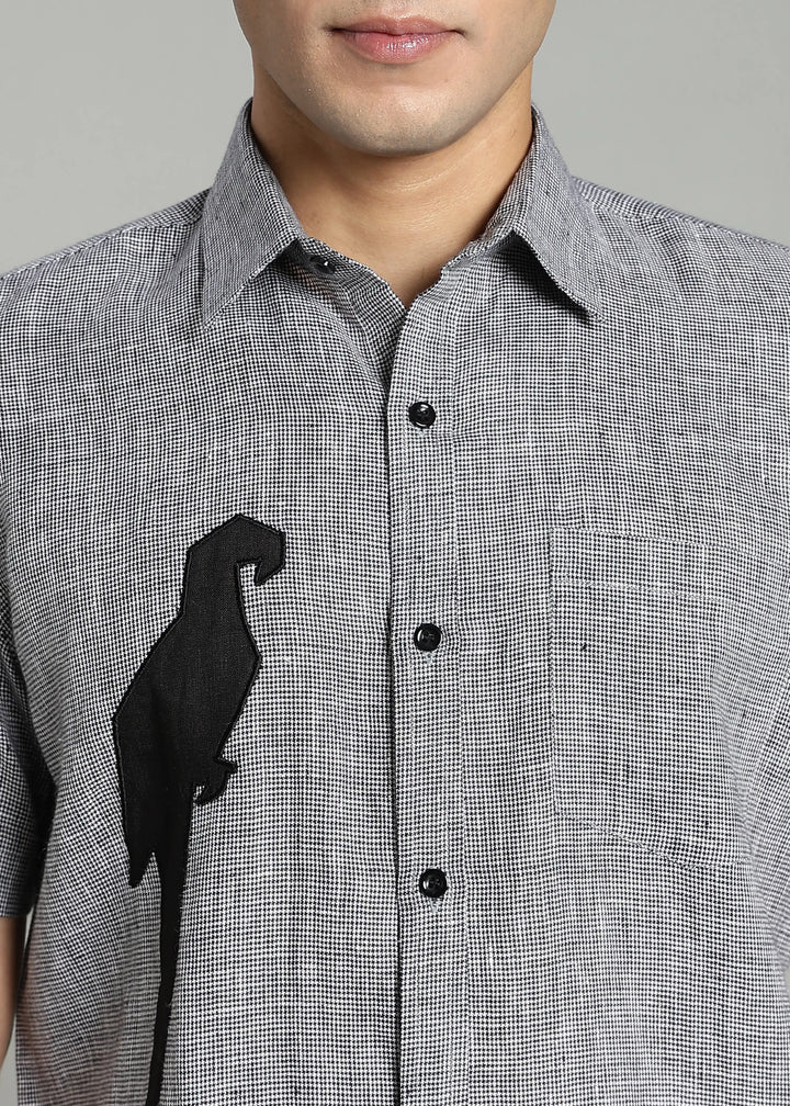 Jay - Pure Linen Appliqué Half Sleeve Shirt - Black Houndstooth