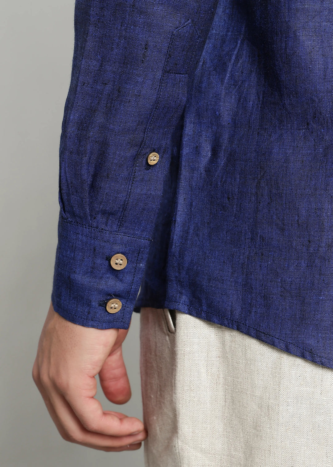 Flint - Pure Linen Shirt with Mandarin Collar & Trio Button Detail - Prussian Blue