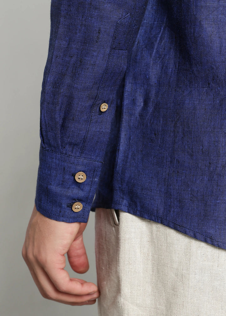 Flint - Pure Linen Shirt with Mandarin Collar & Trio Button Detail - Prussian Blue