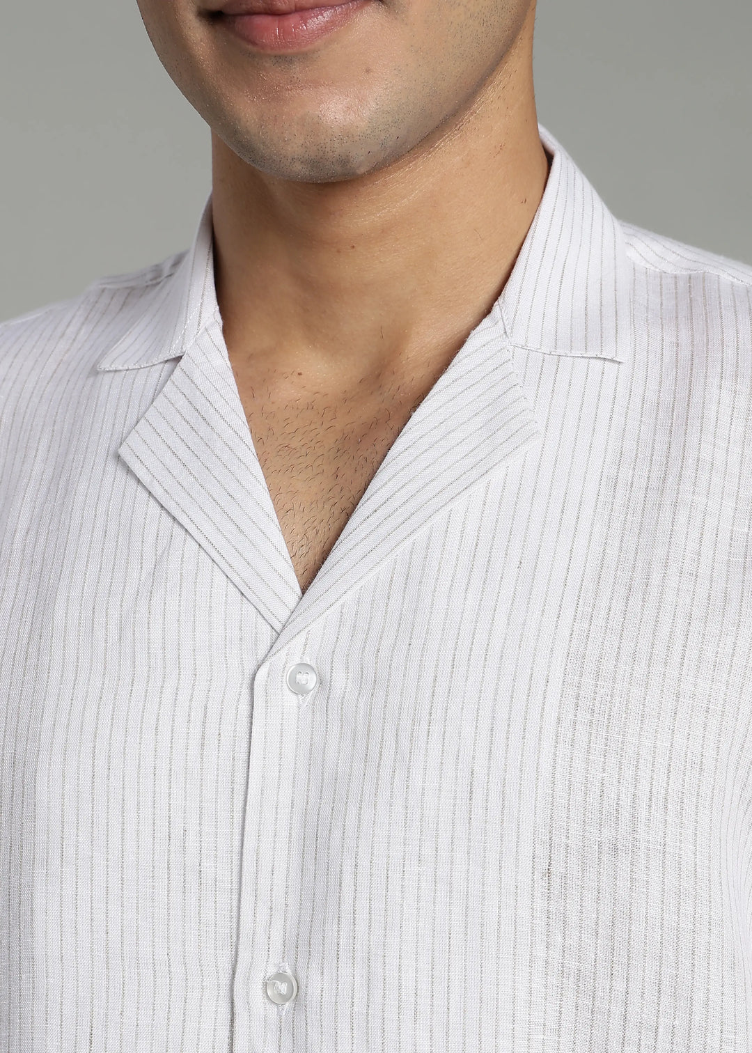 Nathan - Cuban Collar Pure Linen Half Sleeve Shirt - Brown Pinstripe