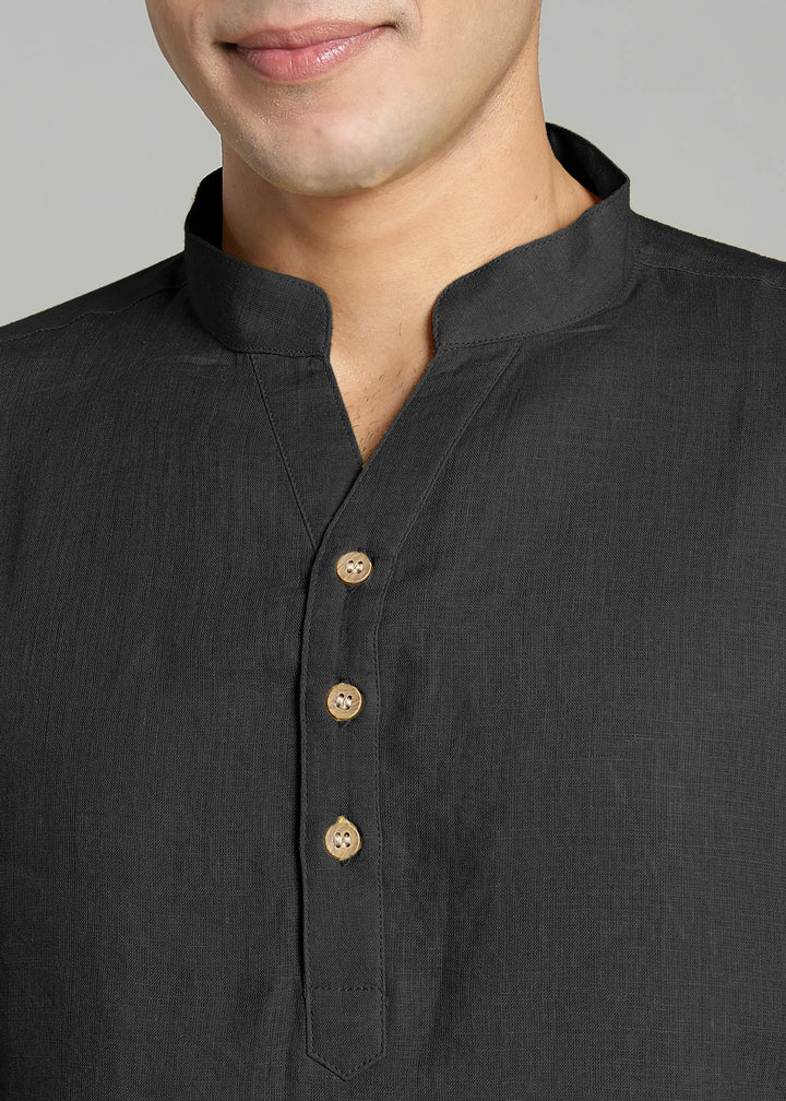 Zaeden - Pure Linen V Neck Full Sleeve Short Kurta Shirt - Black