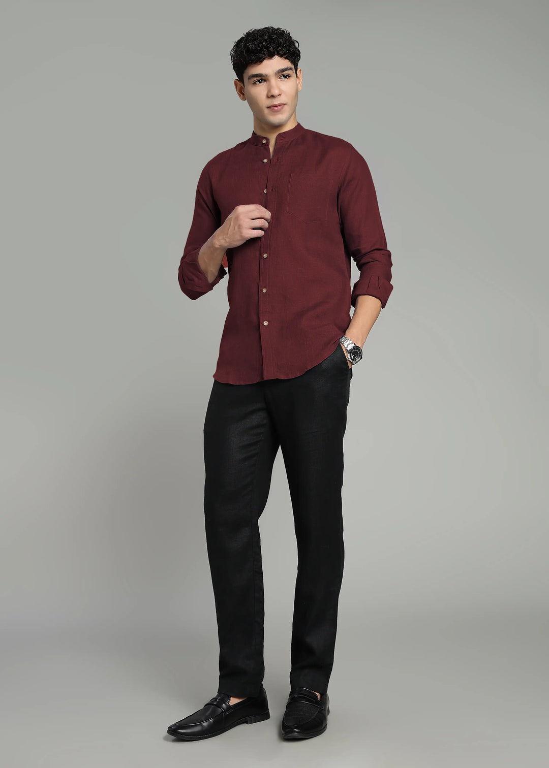 Aaron - Pure Linen Mandarin Collar Full Sleeve Shirt With Front Pocket - Red Wine