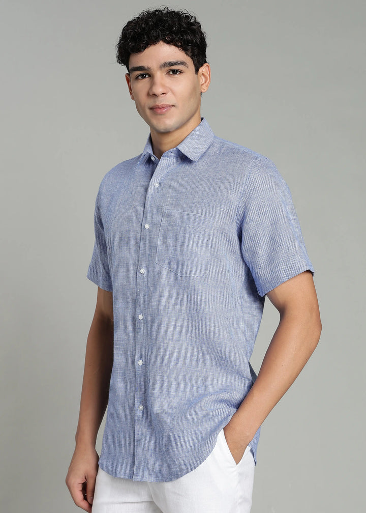 Ted - Pure Linen Short Sleeve Shirt - Blue Houndstooth