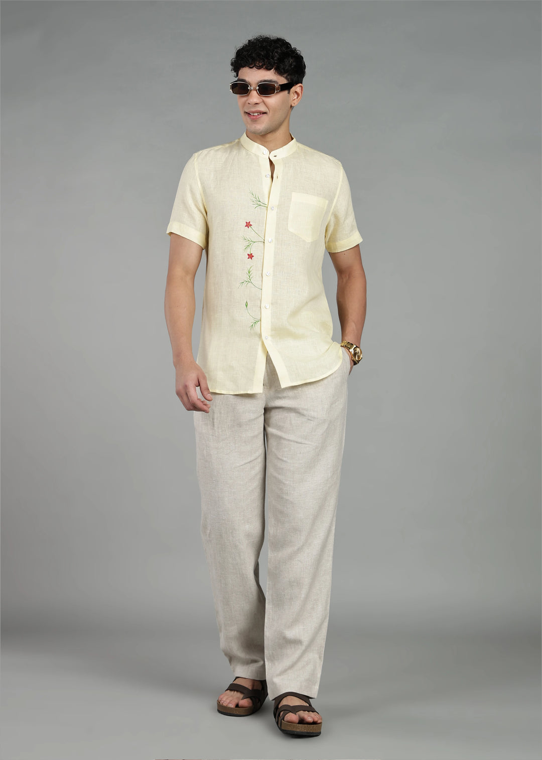 Hand-Painted Chethi - Pure Linen Half Sleeve Mandarin Collar Shirt - Light Yellow