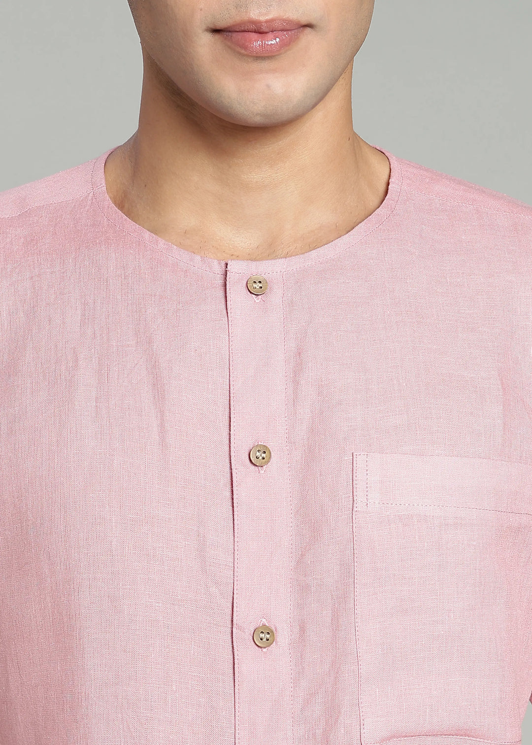 Pedro - Collarless Pure Linen Half Sleeve Shirt - Salmon Pink