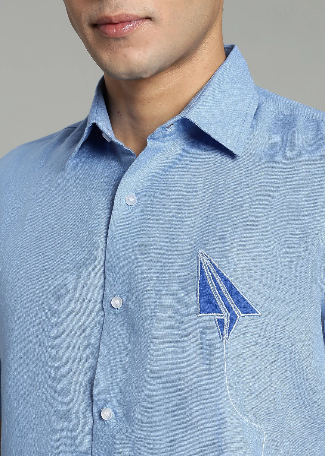 Aether - Pure Linen Appliqué Half Sleeve Shirt - Olympic Blue