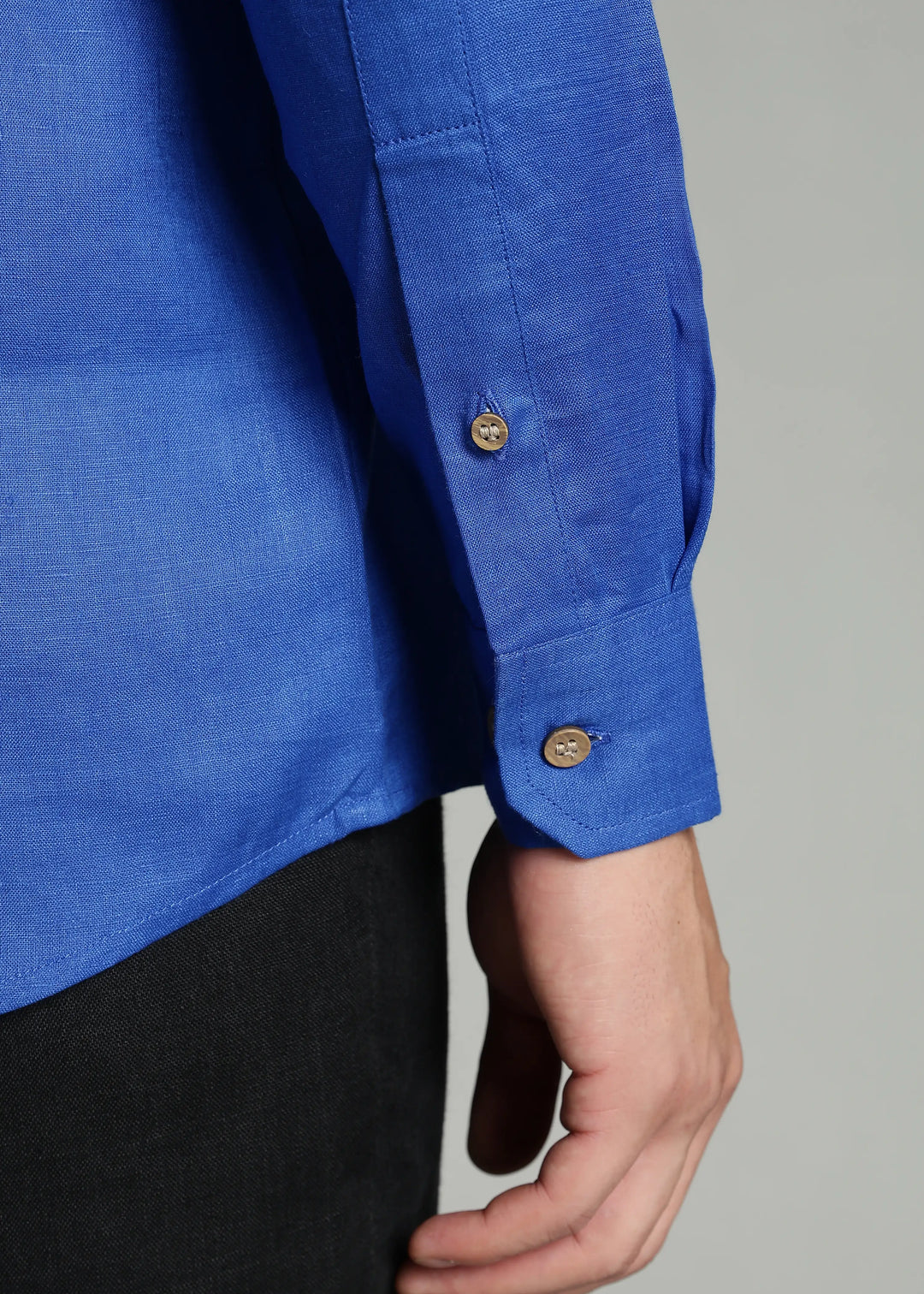 Keith - Pure Linen Full Sleeve Shirt with Blue Houndstooth Collar Band and Cuff Detail - Egyptian Blue