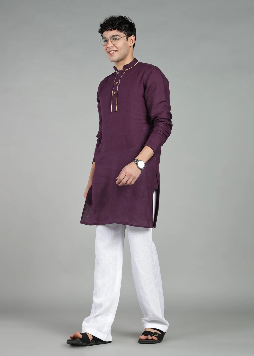 Tantu - Full Sleeve Mandarin Collar Pure Linen Mid Kurta With Kasavu Inset Detail - Dark Purple