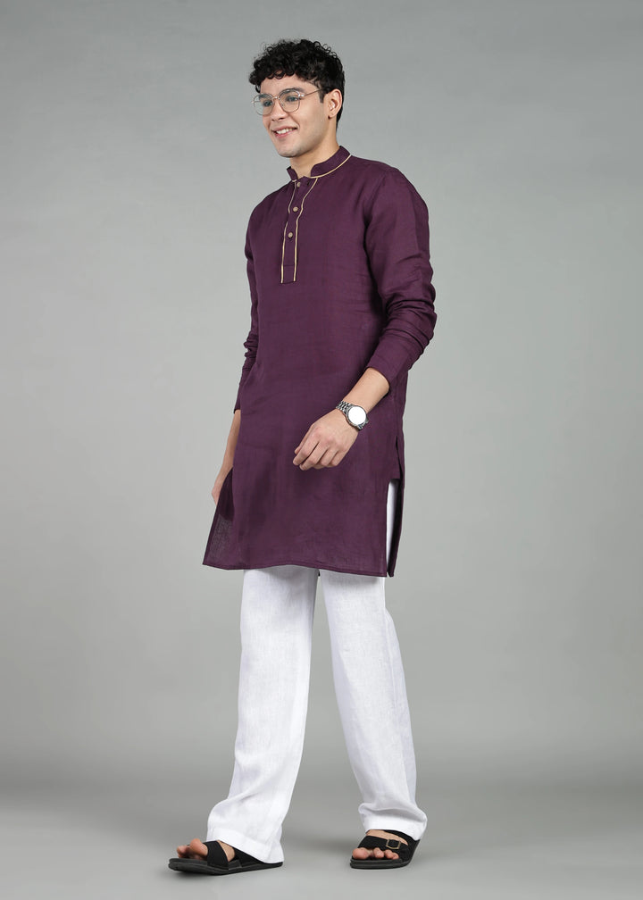 Tantu - Full Sleeve Mandarin Collar Pure Linen Mid Kurta With Kasavu Inset Detail - Dark Purple