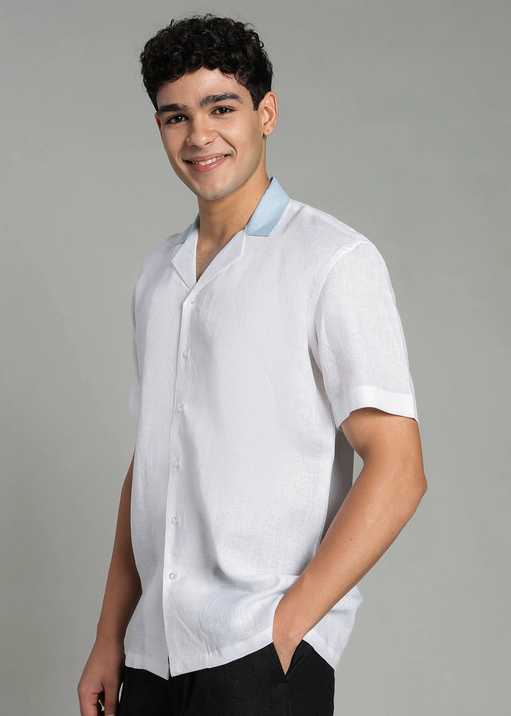 Eliot - Contrast Cuban Collar Pure Linen Half Sleeve Shirt - White