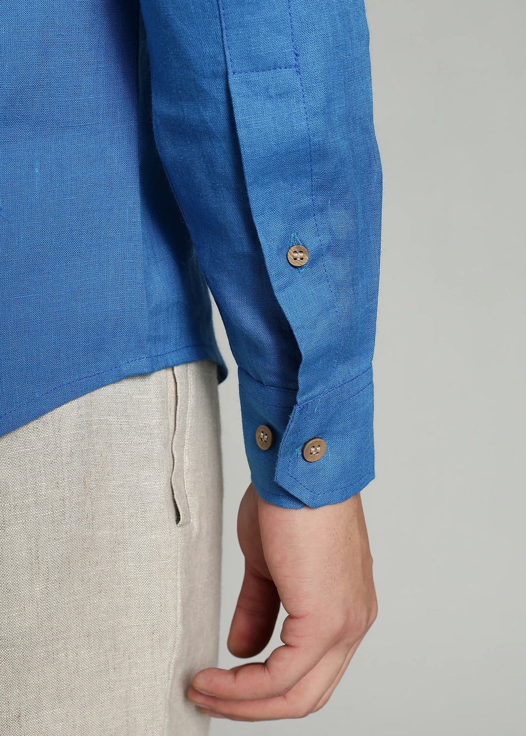 Trevor - Pure Linen Mandarin Collar Full Sleeve Shirt - Swedish Blue