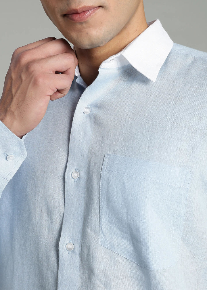 Bruce - Pure Linen Full Sleeve Contrast Regular Collar Shirt - Sky Blue