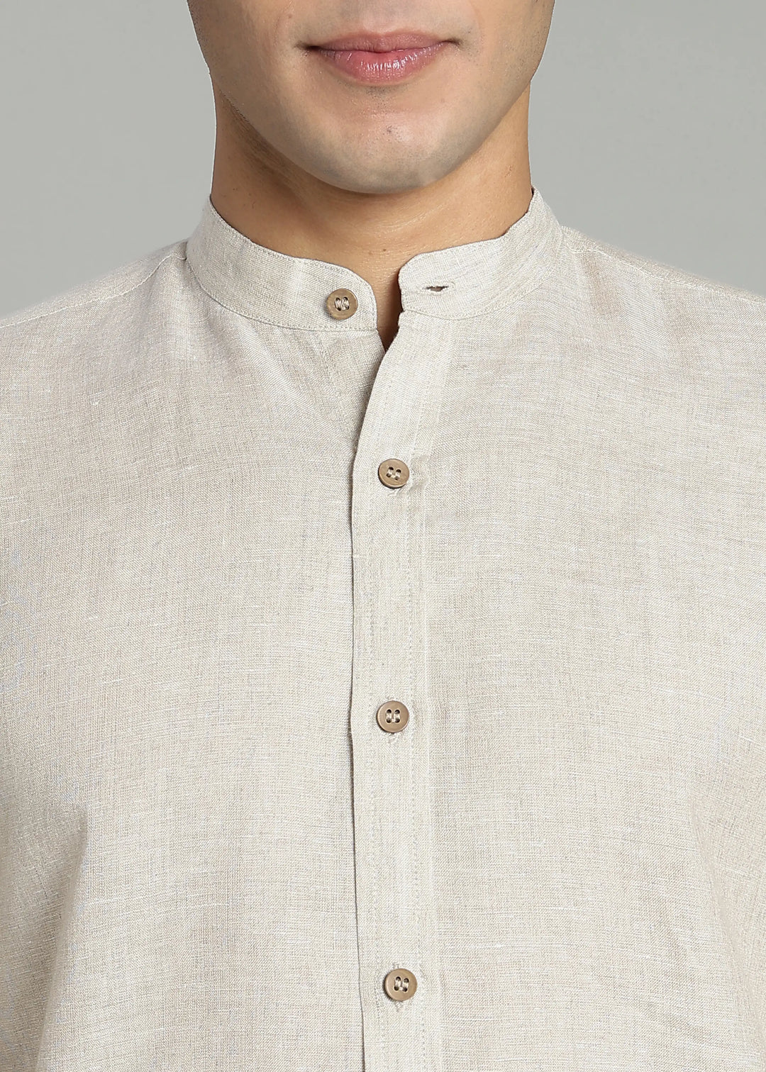 Ronan - Pure Linen Mandarin Collar Full Sleeve Shirt - Ecru