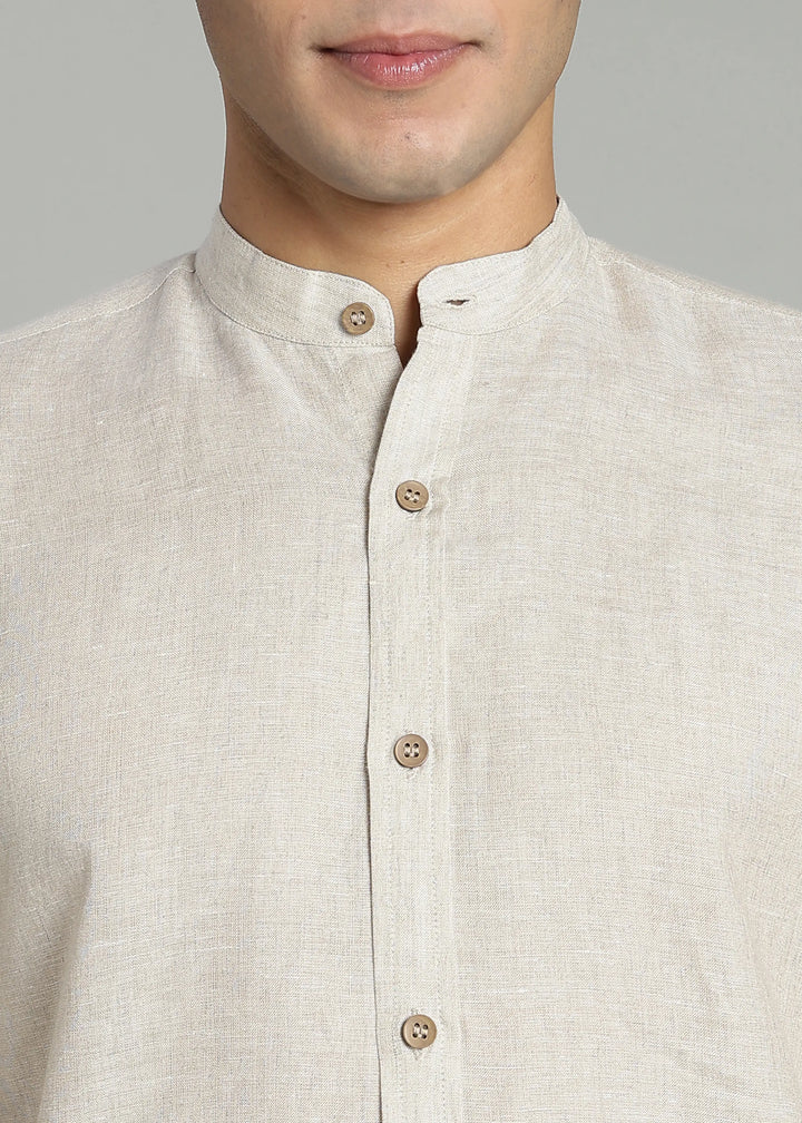 Ronan - Pure Linen Mandarin Collar Full Sleeve Shirt - Ecru