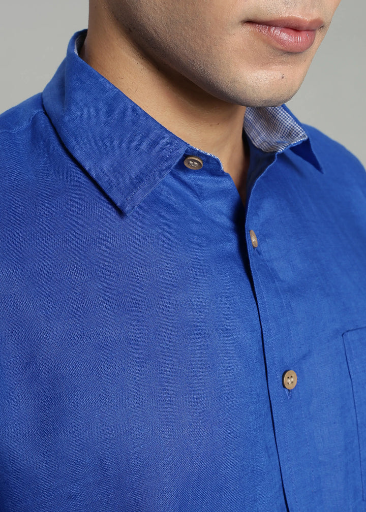 Keith - Pure Linen Full Sleeve Shirt with Blue Houndstooth Collar Band and Cuff Detail - Egyptian Blue