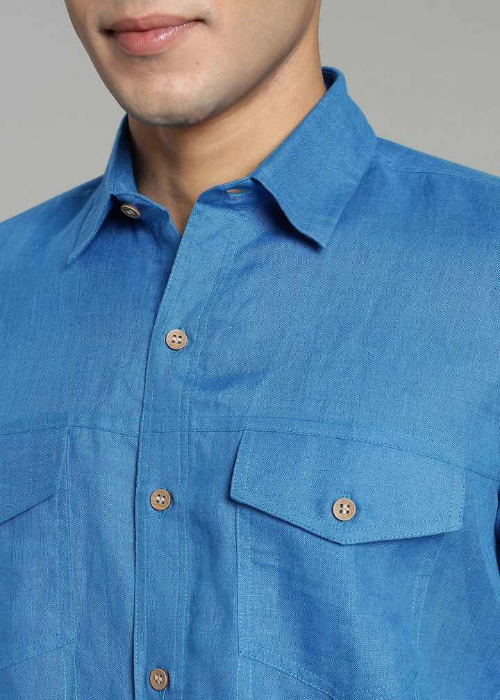 Thomas - Men's Pure Linen Double Pocket Full Sleeve Shirt - Swedish Blue