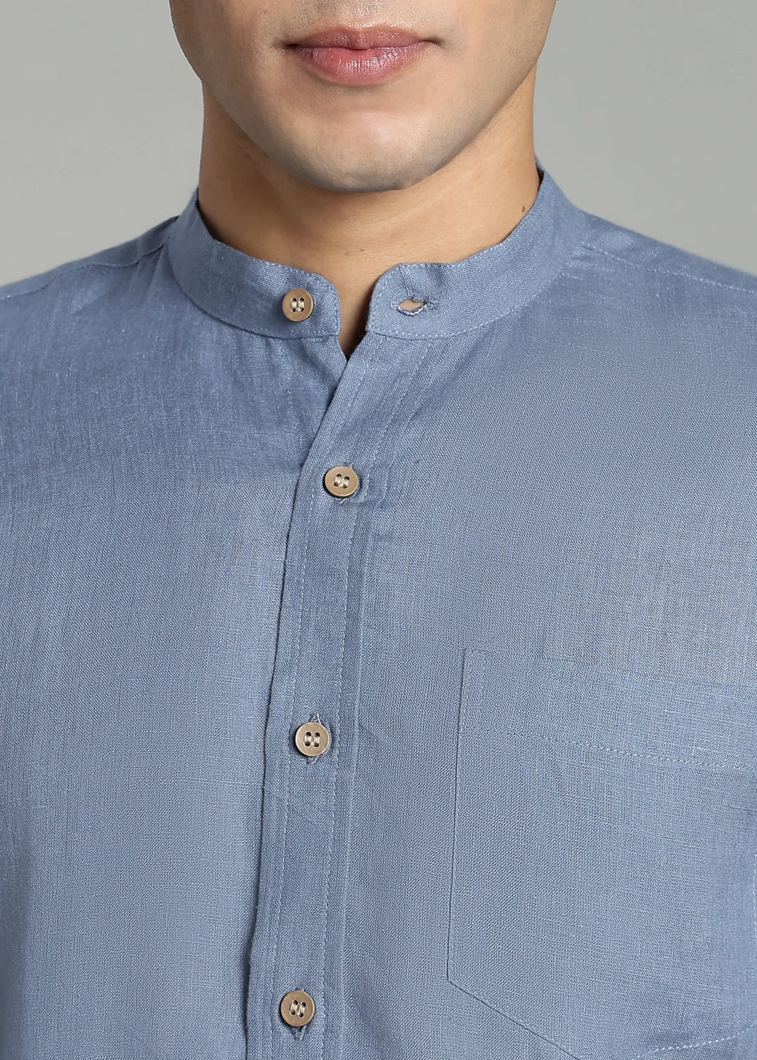 Aaron - Pure Linen Mandarin Collar Full Sleeve Shirt With Front Pocket - Blue Grey